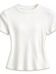 White basic crew-neck T-shirt showing the neckline and sleeve