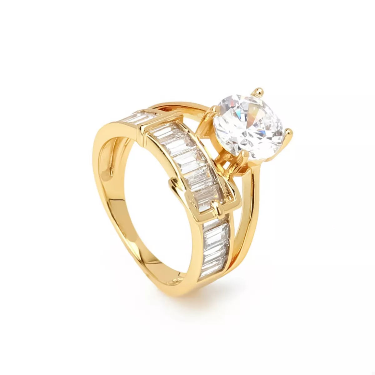 Gold-tone ring shown from the side with its raised stone setting
