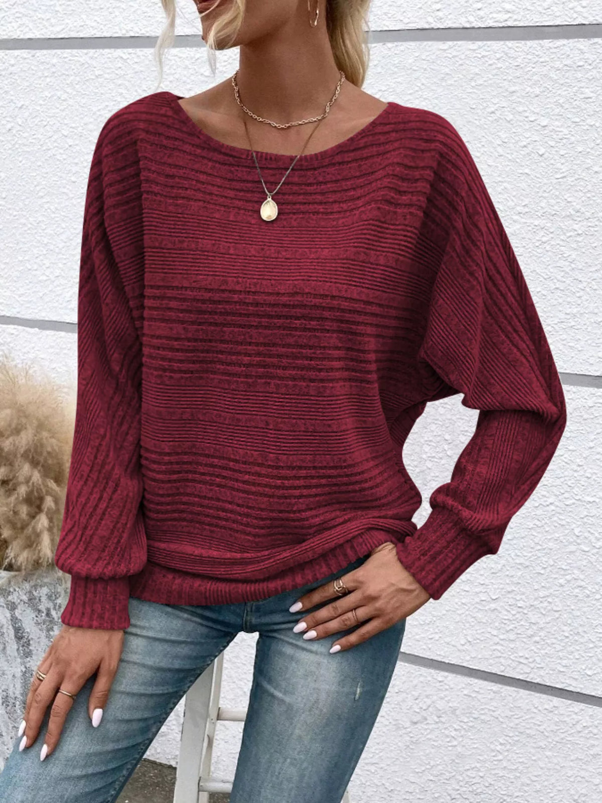 Women’s ribbed round-neck long-sleeve top in burgundy front view