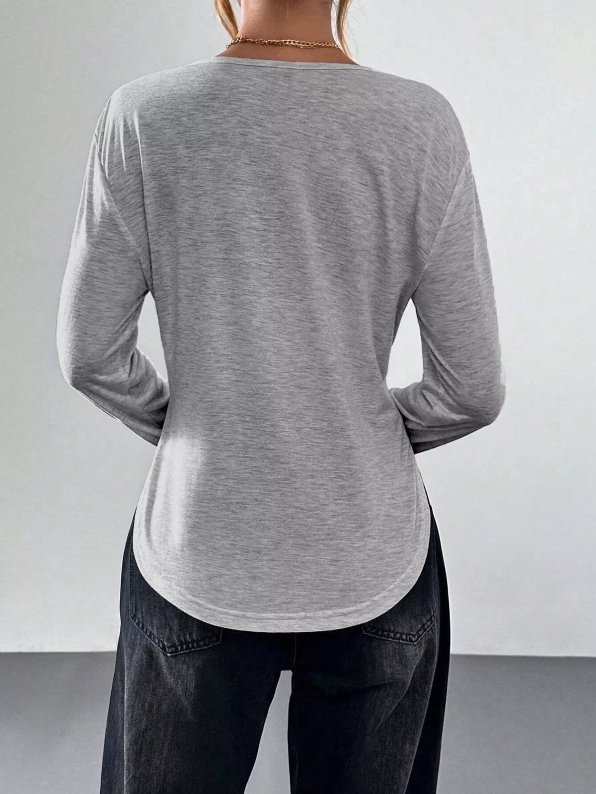 Gray T-shirt shown from the back