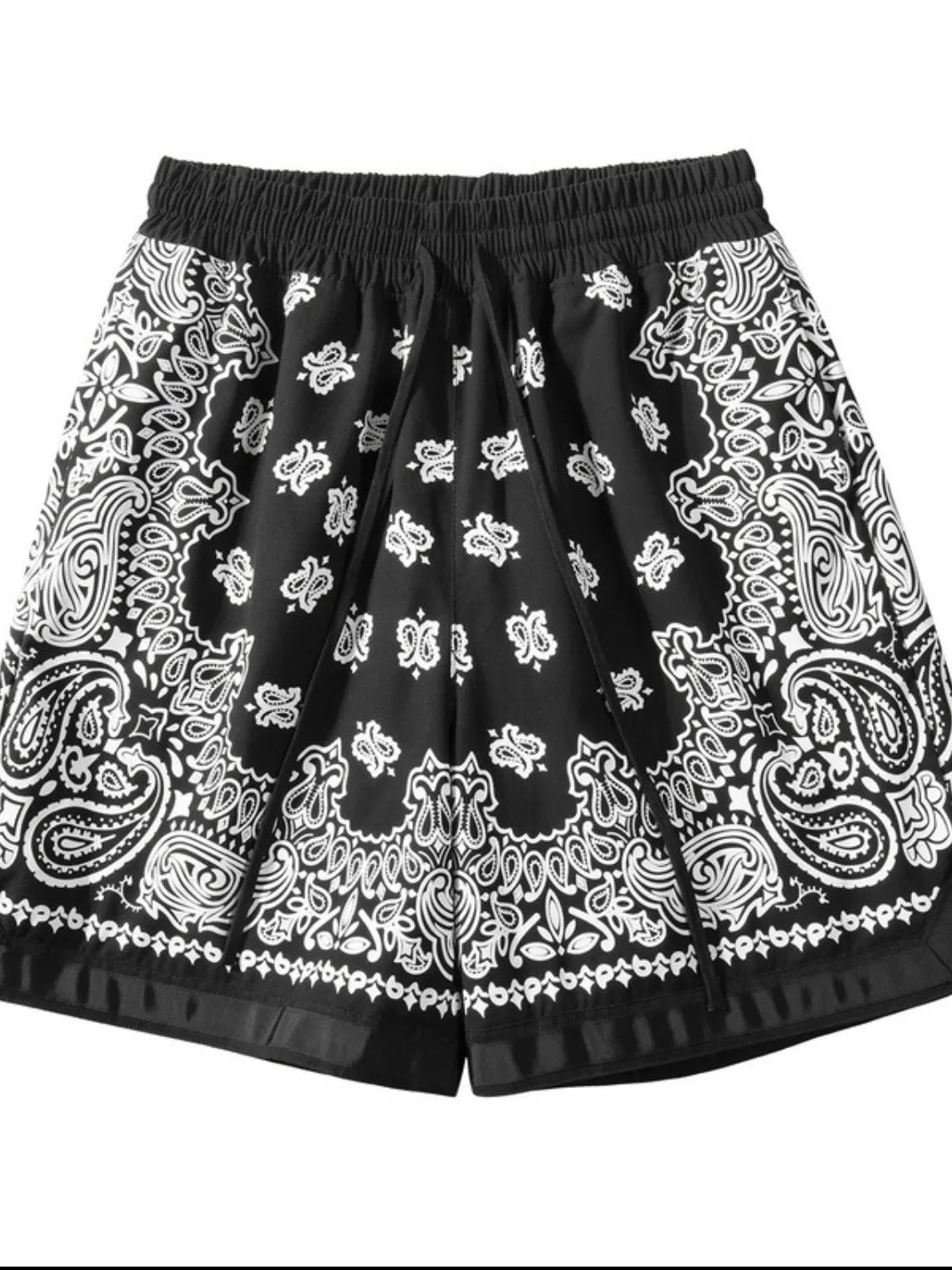 Black floral and paisley drawstring shorts, front view