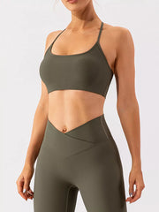 Olive green ribbed active bra, angled front view