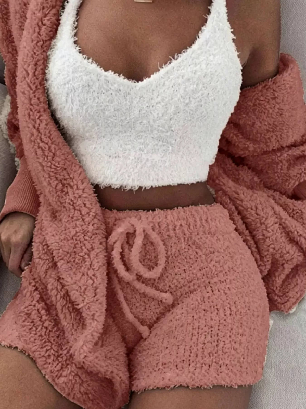 Yellow fuzzy lounge set with crop top, cardigan and shorts