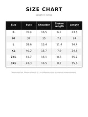 T-shirt size chart listing bust, shoulder, sleeve length and length measurements for sizes S to 3XL