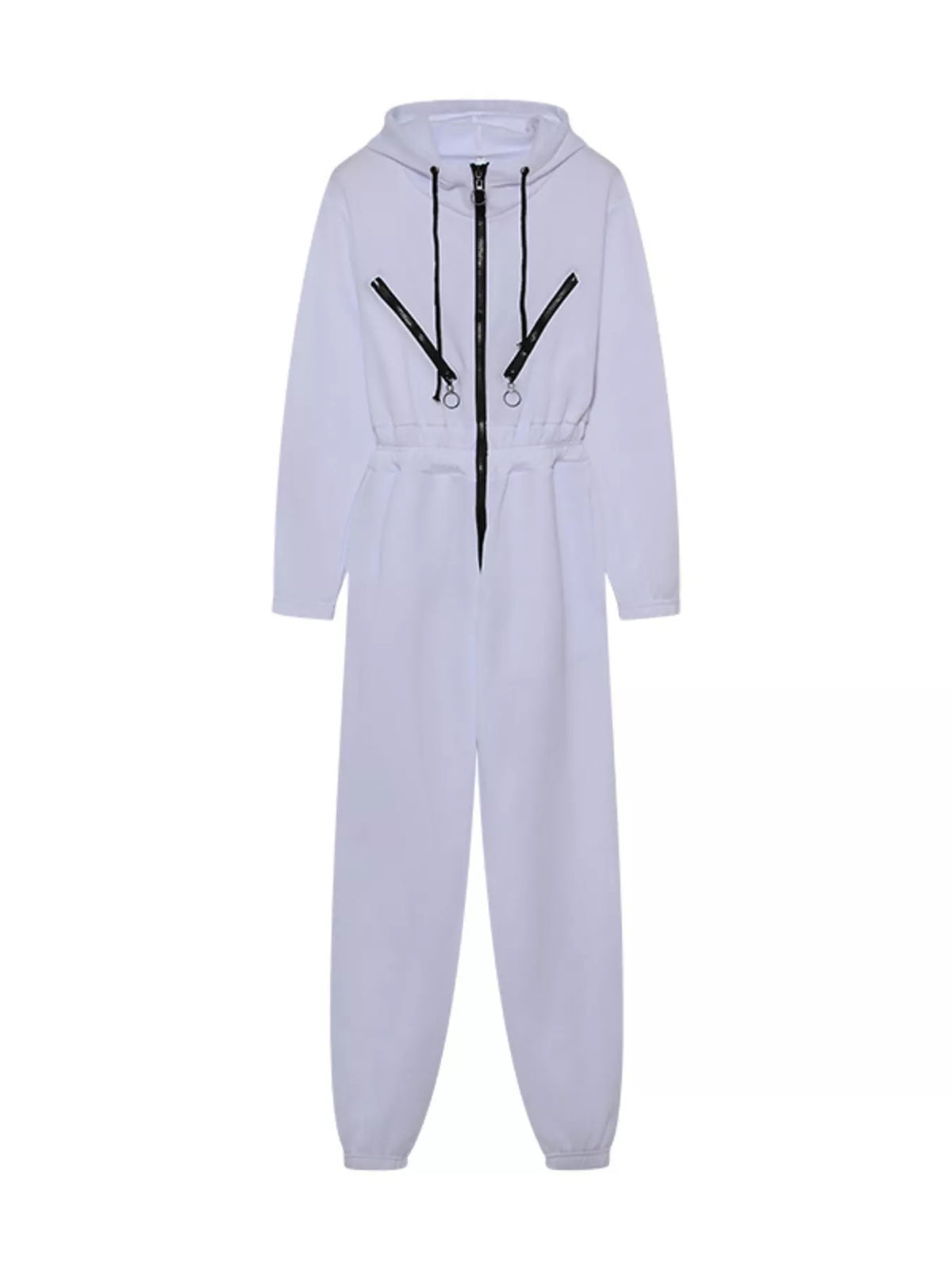 Women's hooded zip-up long-sleeve jumpsuit, white flat-lay front view