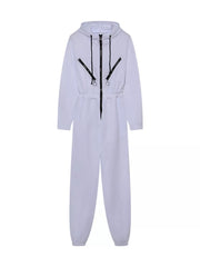 Women's hooded zip-up long-sleeve jumpsuit, white flat-lay front view