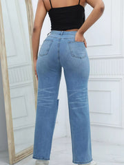 Rear view of medium-blue jeans showing back pockets and wide straight hems
