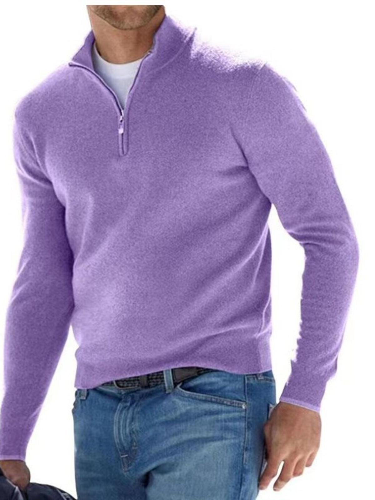 Lavender quarter-zip sweater modeled with blue jeans