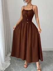 Brown smocked midi dress, closer front view