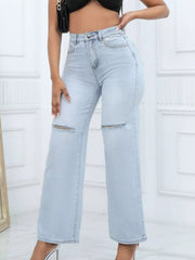 Light-wash wide-leg jeans with horizontal knee rips, front view