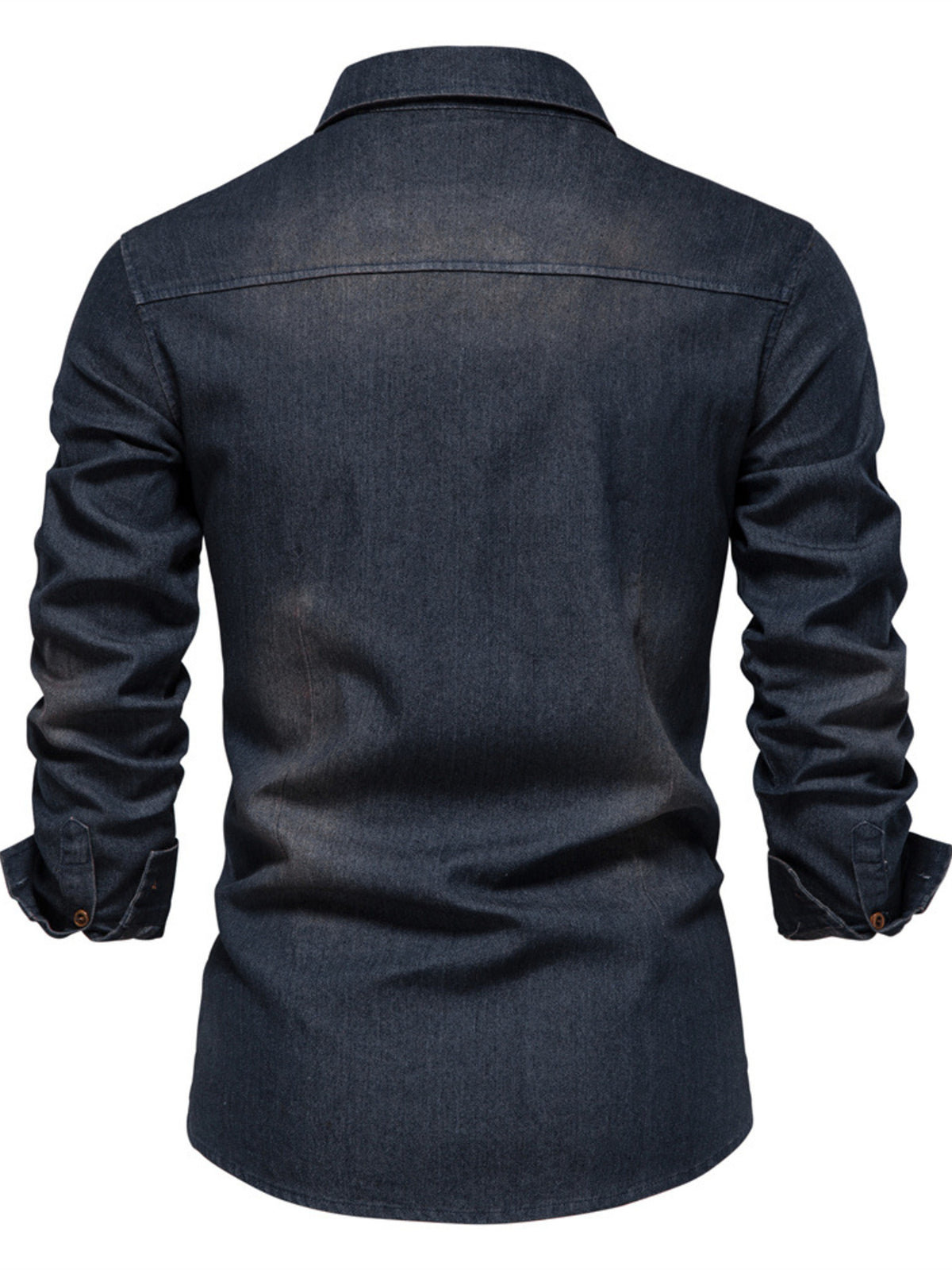 Back view of dark denim button-up shirt