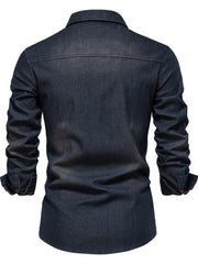 Back view of dark denim button-up shirt