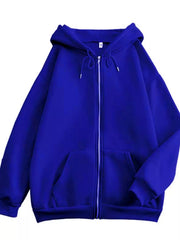 Front view of the royal blue hoodie with full-length zipper and kangaroo pockets