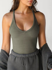 Olive scoop-neck cami with gray joggers