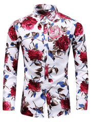 White floral shirt with red roses shown on model