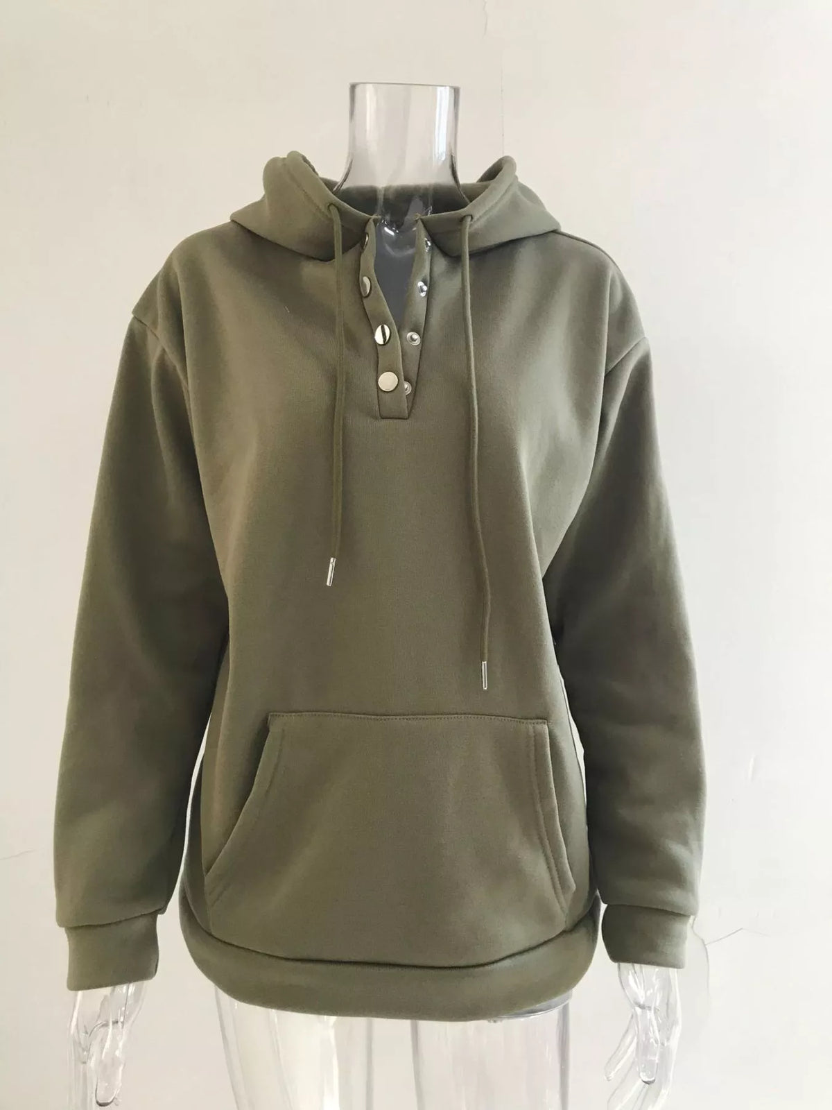 Women’s plus-size kangaroo-pocket drawstring hoodie in olive-green front view on hanger