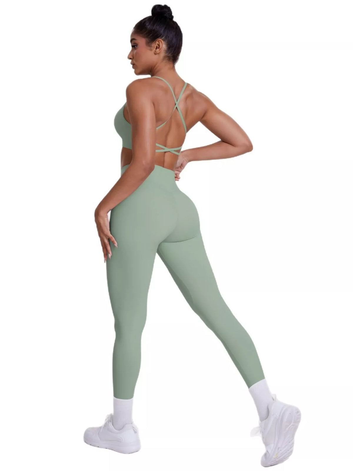Side view of criss-cross back cami and leggings active set