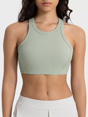 Sage green wide-strap cropped sport tank, front view