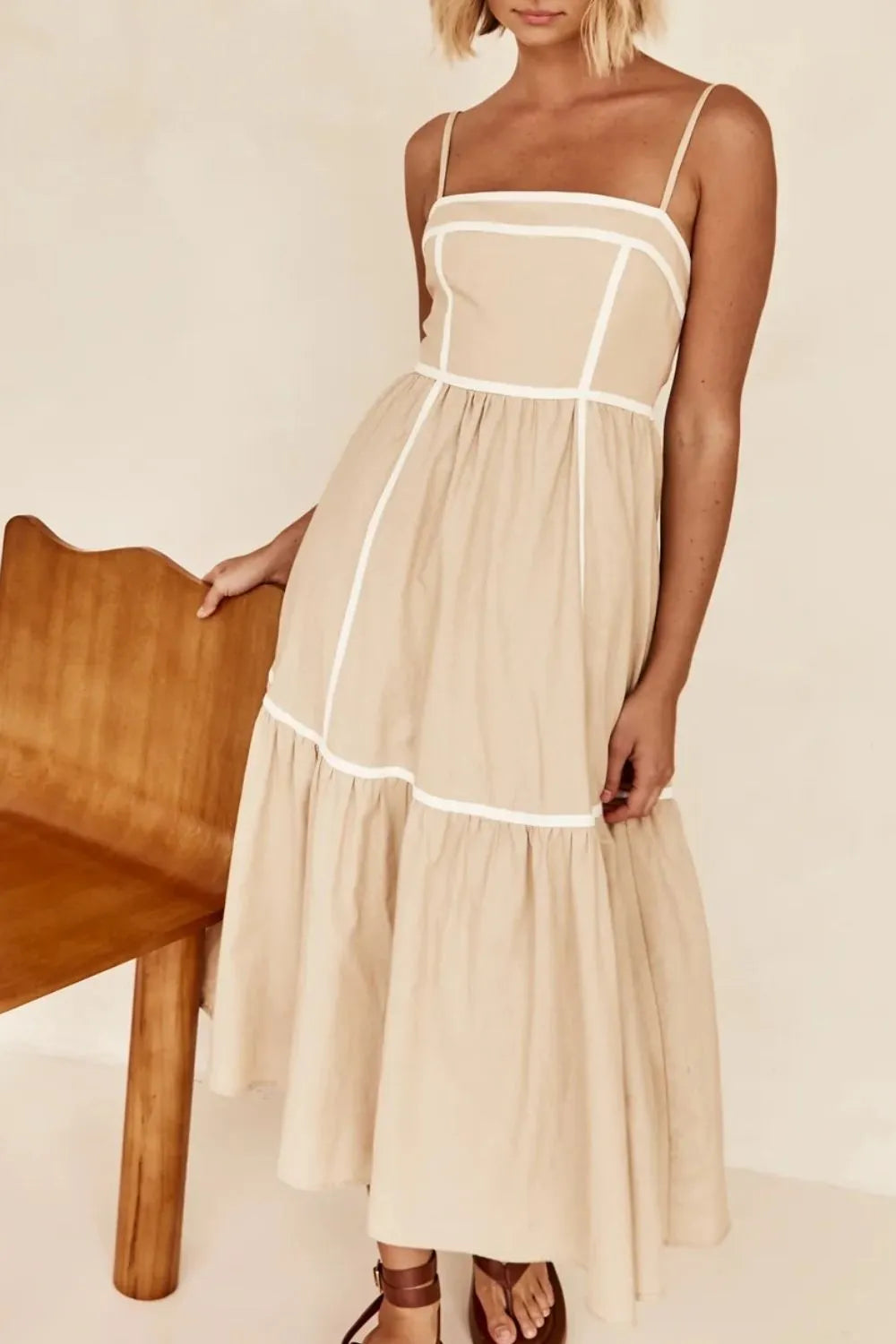 contrast trim square neck midi cami dress in tan, side view