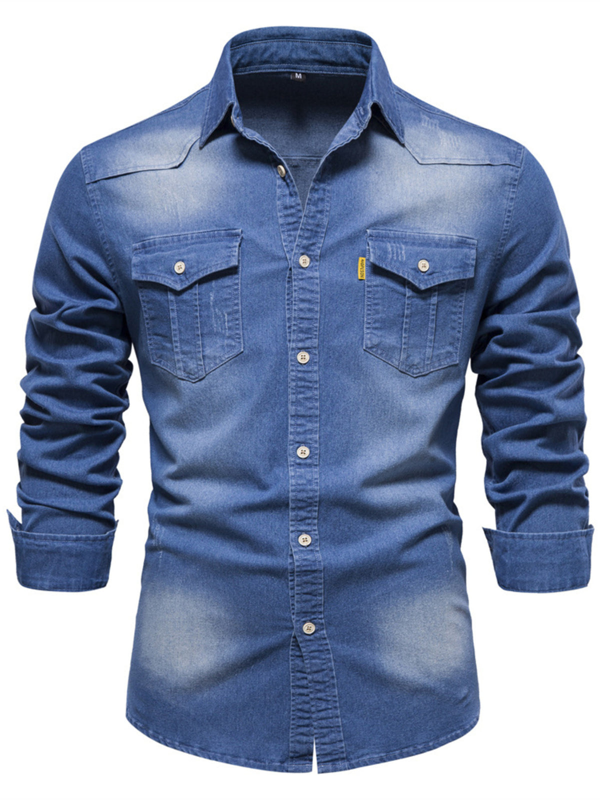 Cropped front view of blue denim shirt with two flap chest pockets