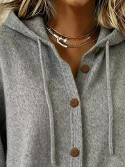 Close view of gray knit cardigan hood, drawstrings and buttons