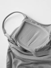 Close-up of gray cami dress neckline and built-in bra cups