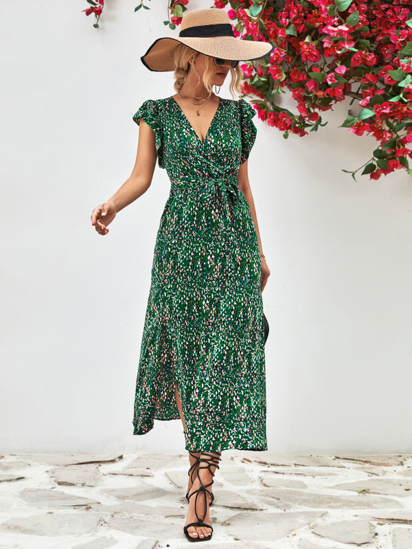 Women's printed surplice-neck flutter-sleeve slit dress