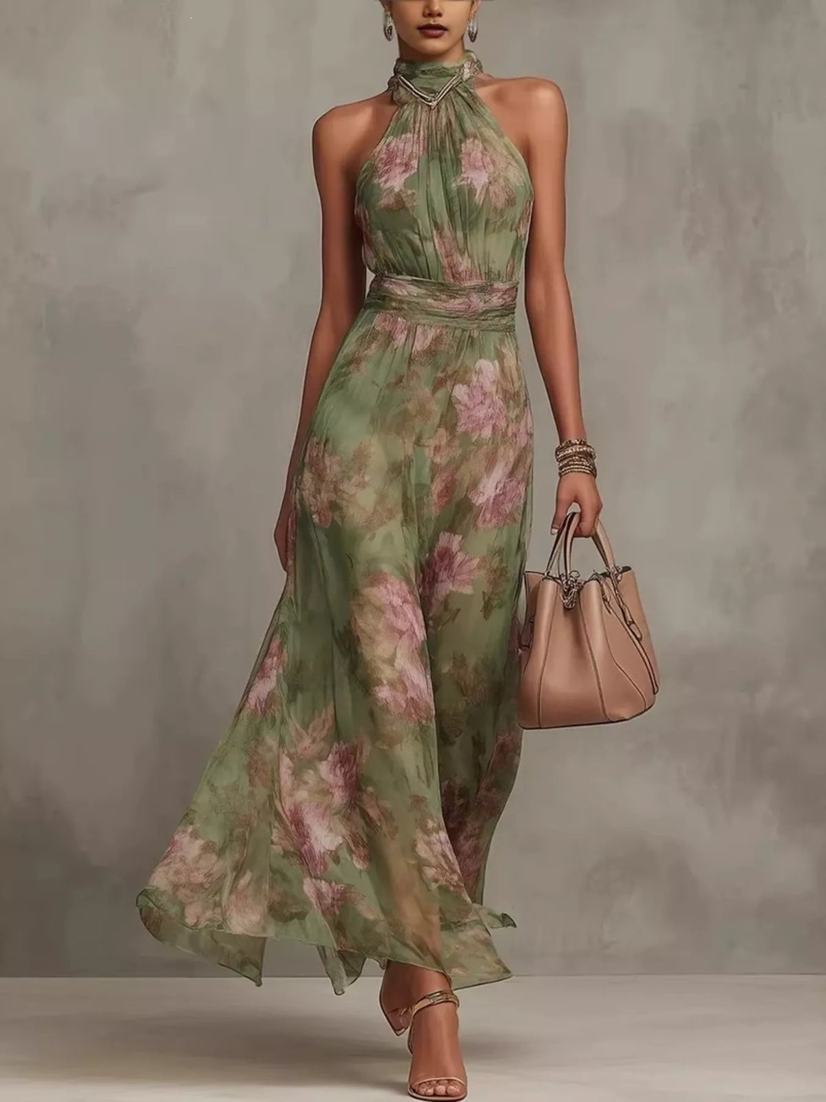 Model wearing a green floral sleeveless maxi dress with a flowing tiered skirt.