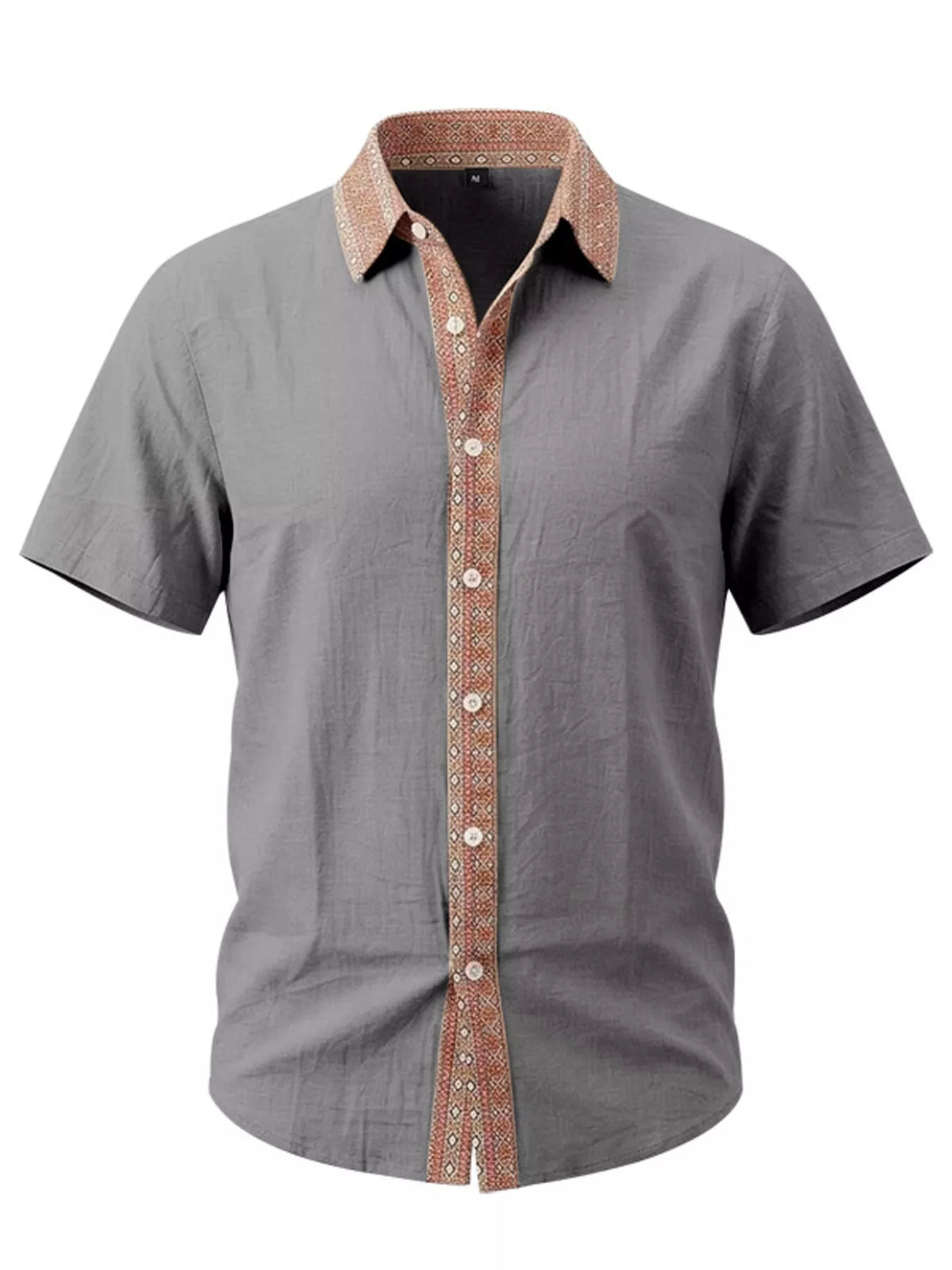 Gray short-sleeve shirt with rust-patterned collar and button trim, shown on hanger