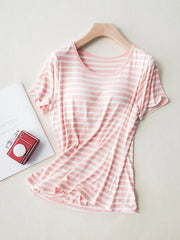 Pink and white striped short-sleeve T-shirt on hanger