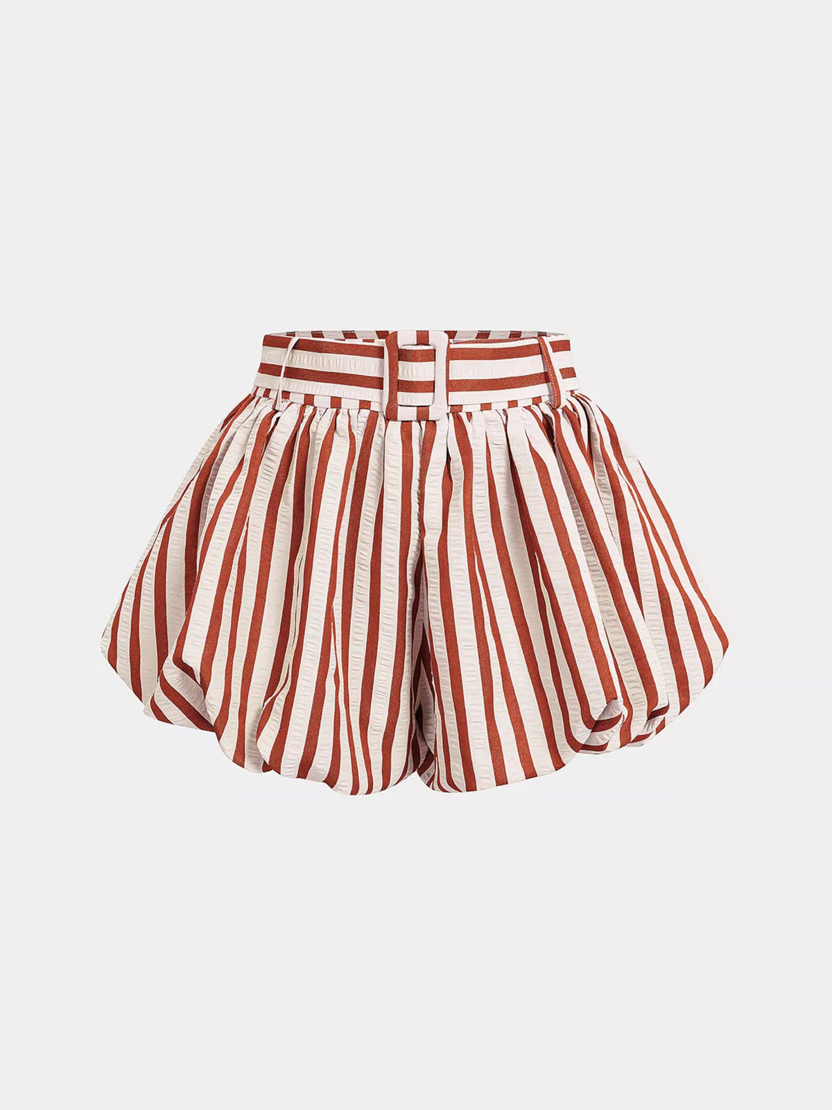 Red and cream vertically striped high-waisted bubble shorts, front view