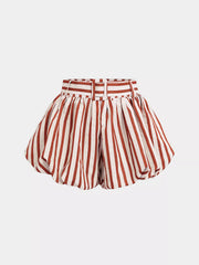 Red and cream vertically striped high-waisted bubble shorts, front view