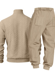 Beige cable-knit sweater and joggers displayed flat from the back.