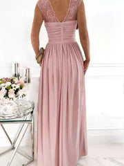 Back view of dusty pink maxi dress with lace straps and gathered skirt