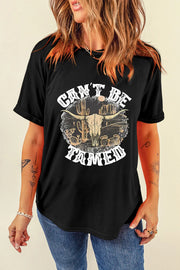 Front view of black graphic T-shirt