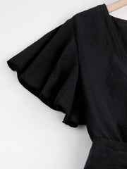 Close-up of black flutter sleeve and fabric