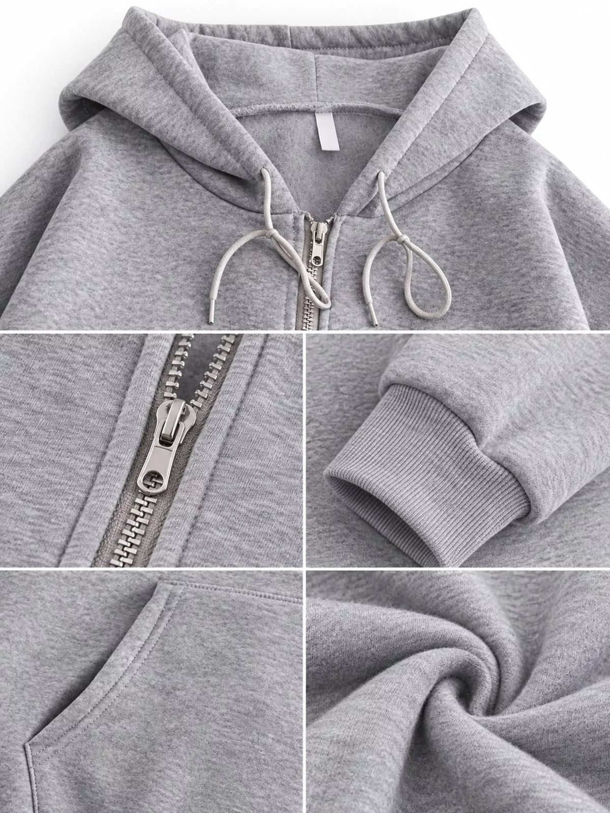 Close-up collage of gray hoodie drawstrings, zipper, cuff, pocket and fabric