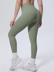 Close view of garment details of high-waisted seamless active leggings