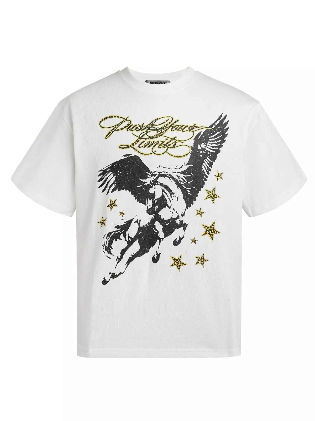 White graphic T-shirt with Pegasus, stars and lettering, front view