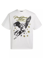 White graphic T-shirt with Pegasus, stars and lettering, front view