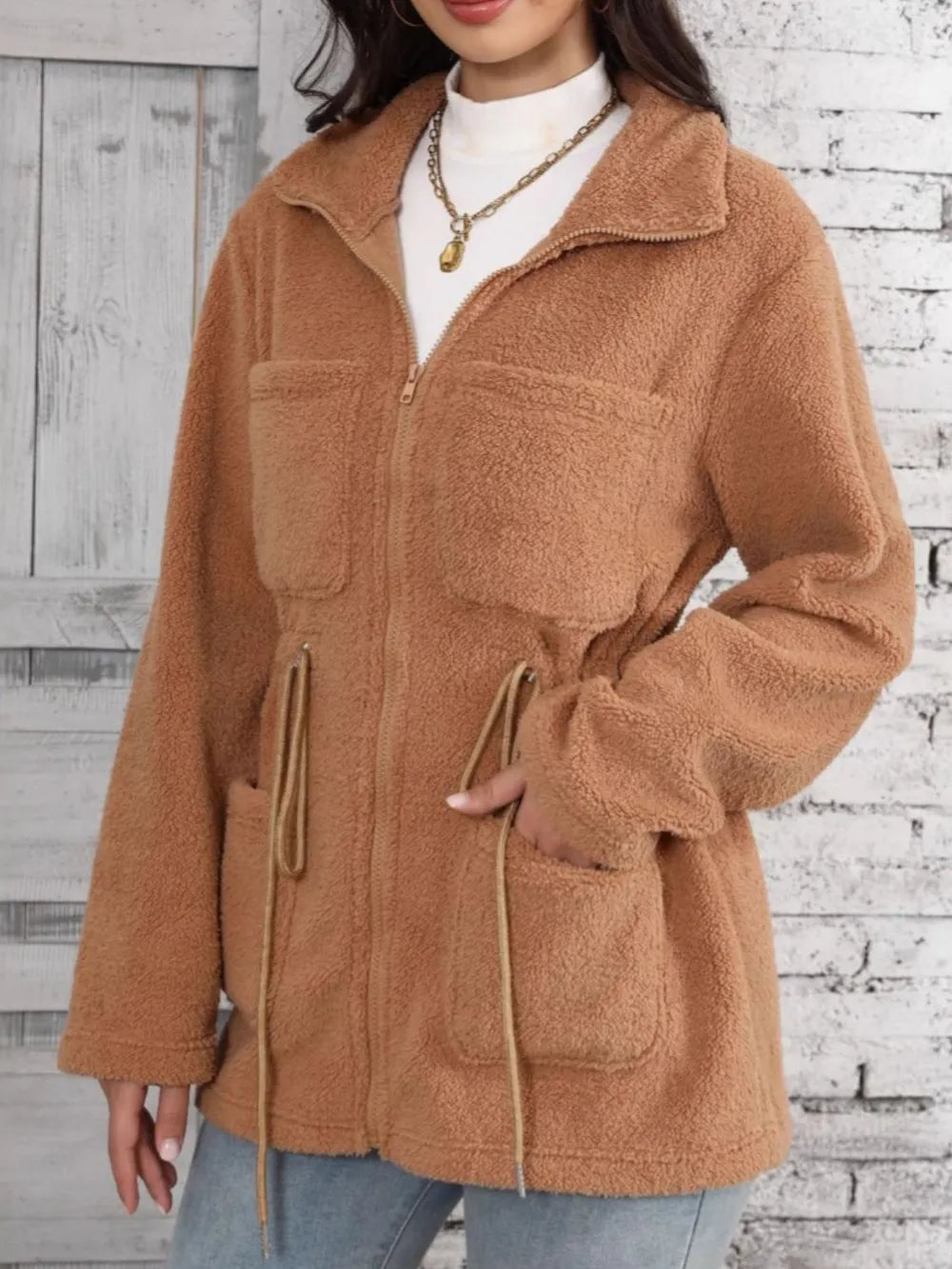 Drawstring zip-up long-sleeve outerwear in camel angled front view