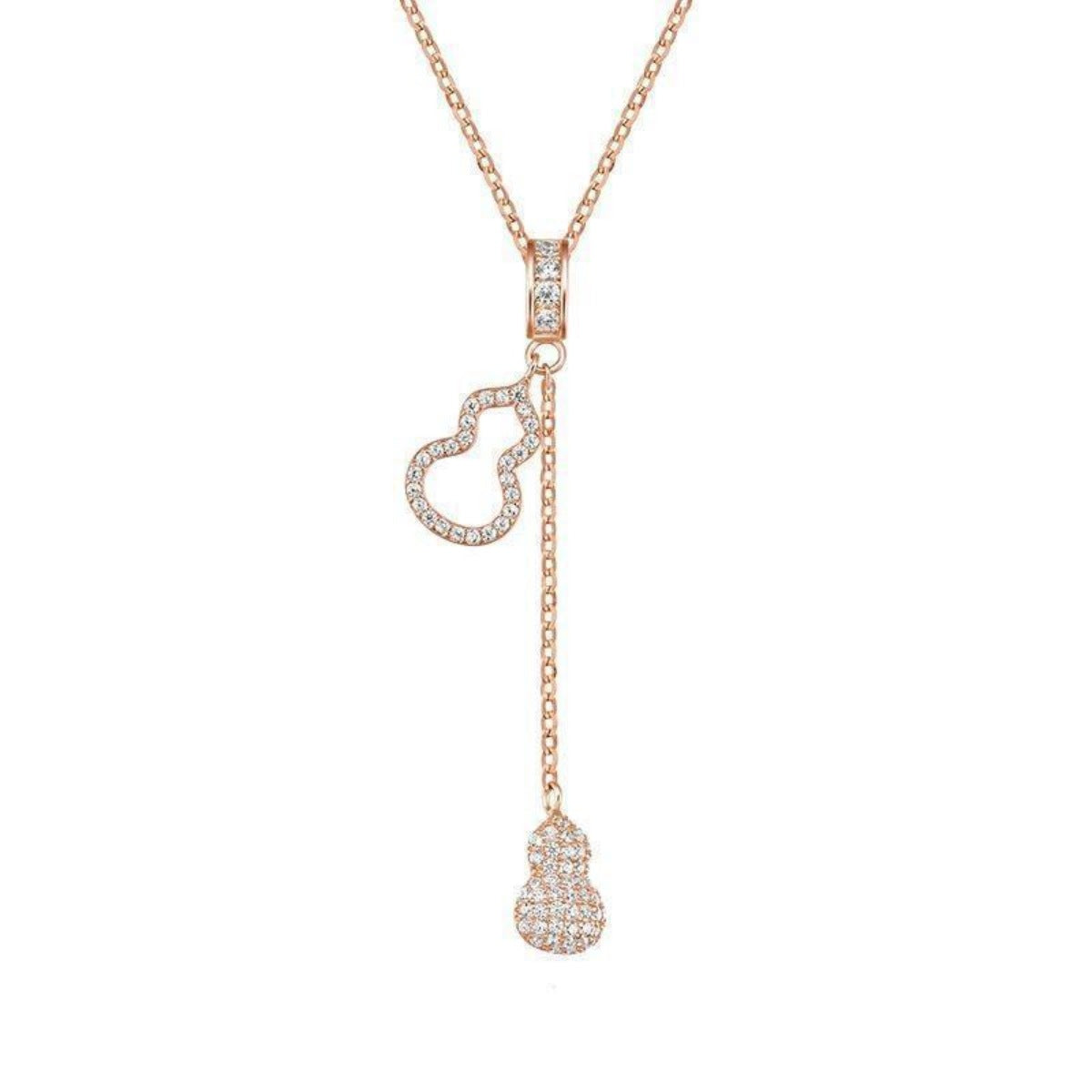 Rose-gold Y necklace laid flat, with gourd-shaped loop and dangling crystal drops