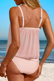 Back view of pale pink tankini showing adjustable straps and matching briefs.