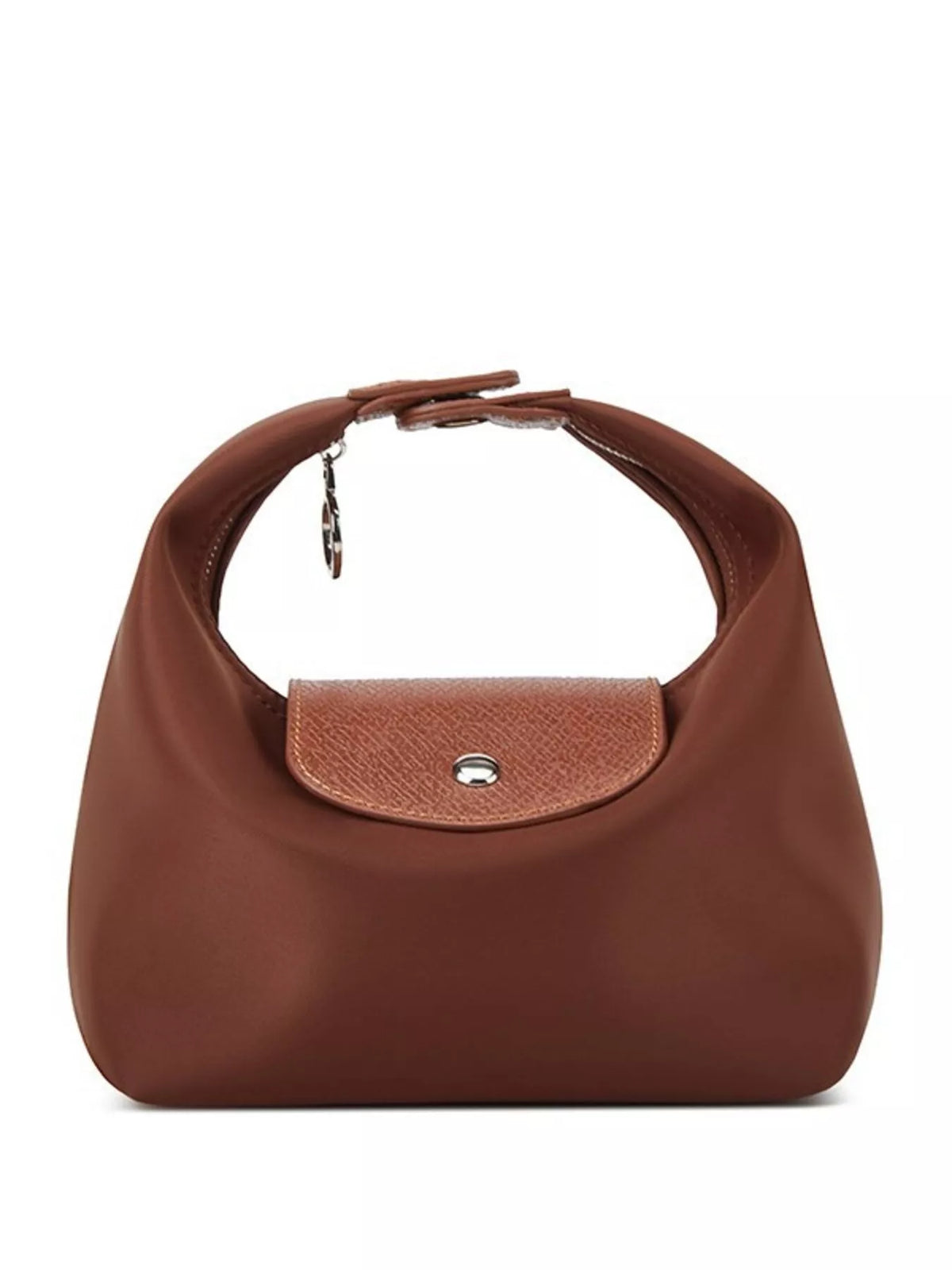 Brown shoulder bag with short curved handle and textured flap closure