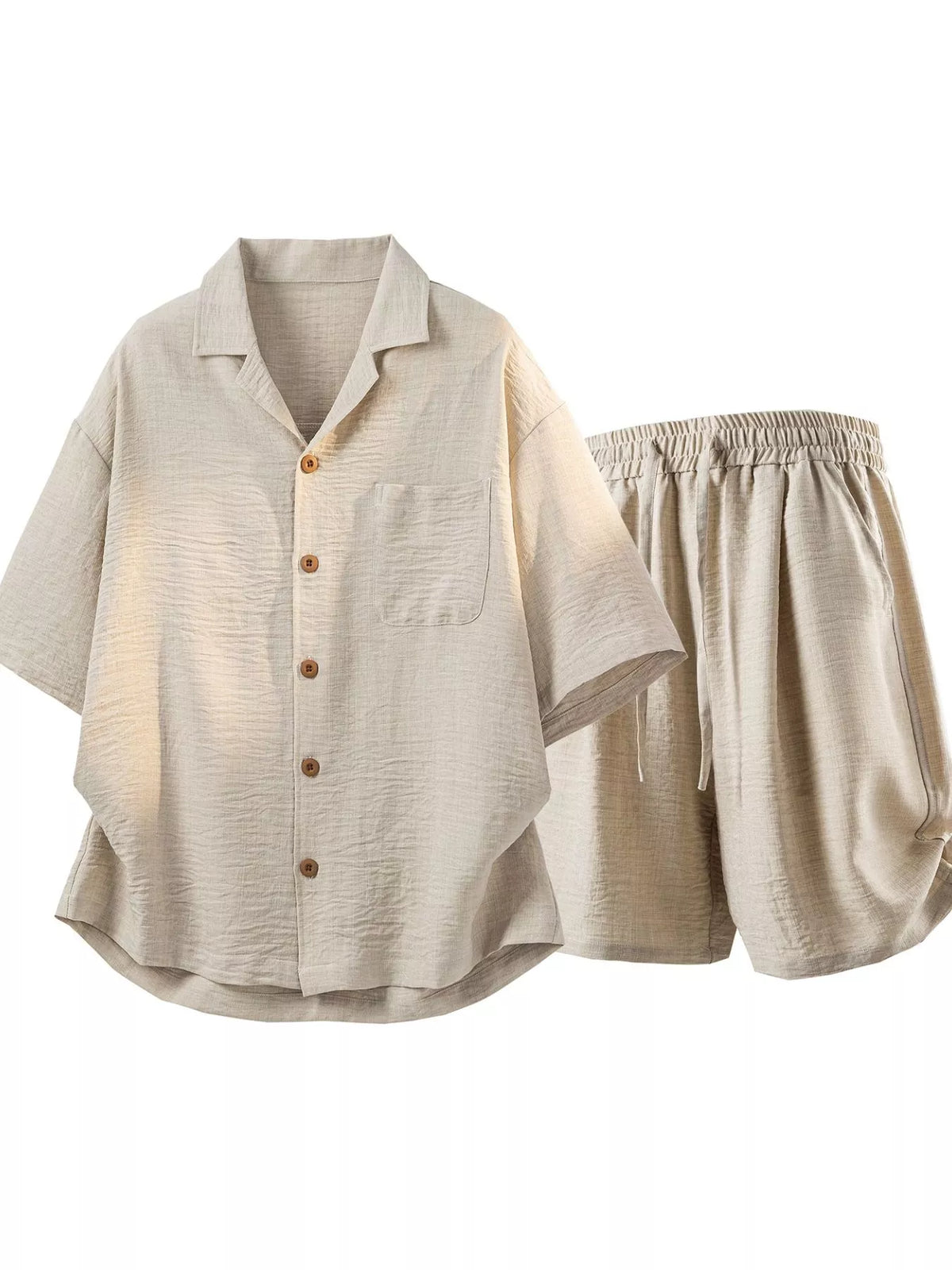 Beige button-up short-sleeve shirt and matching shorts displayed from the front.