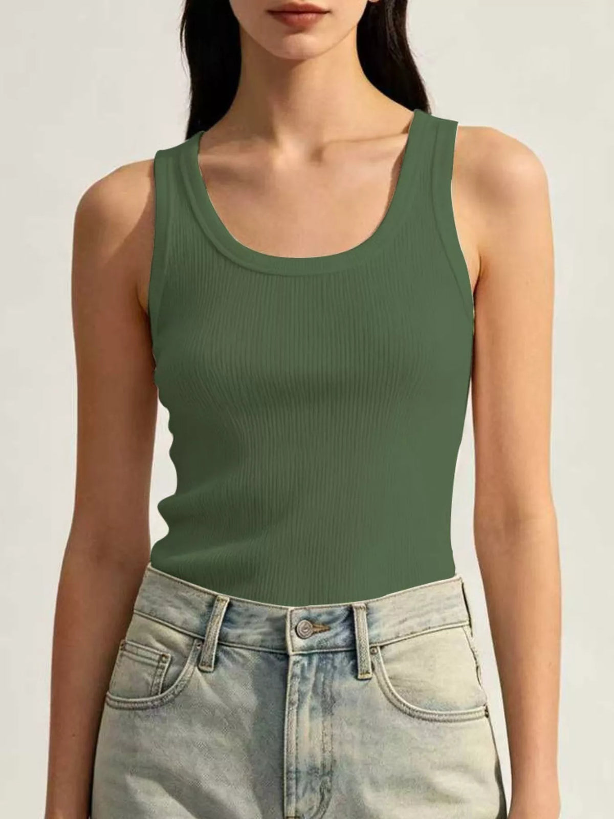Green ribbed U-neck tank front