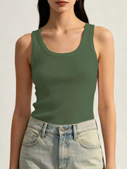 Green ribbed U-neck tank front