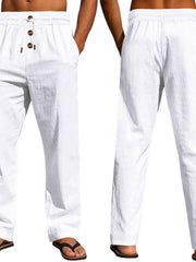 Close front view of white button-front pants and gathered drawstring waist