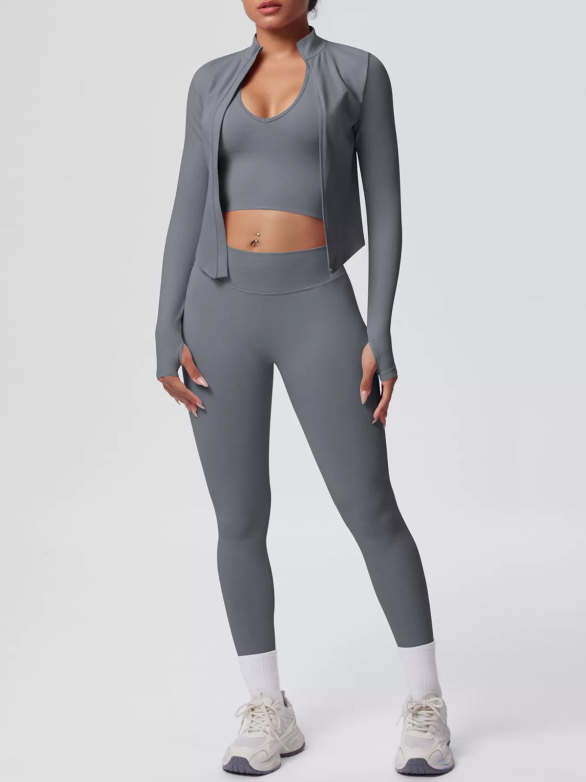 Front view of tank & zip-up jacket and leggings three-piece active set