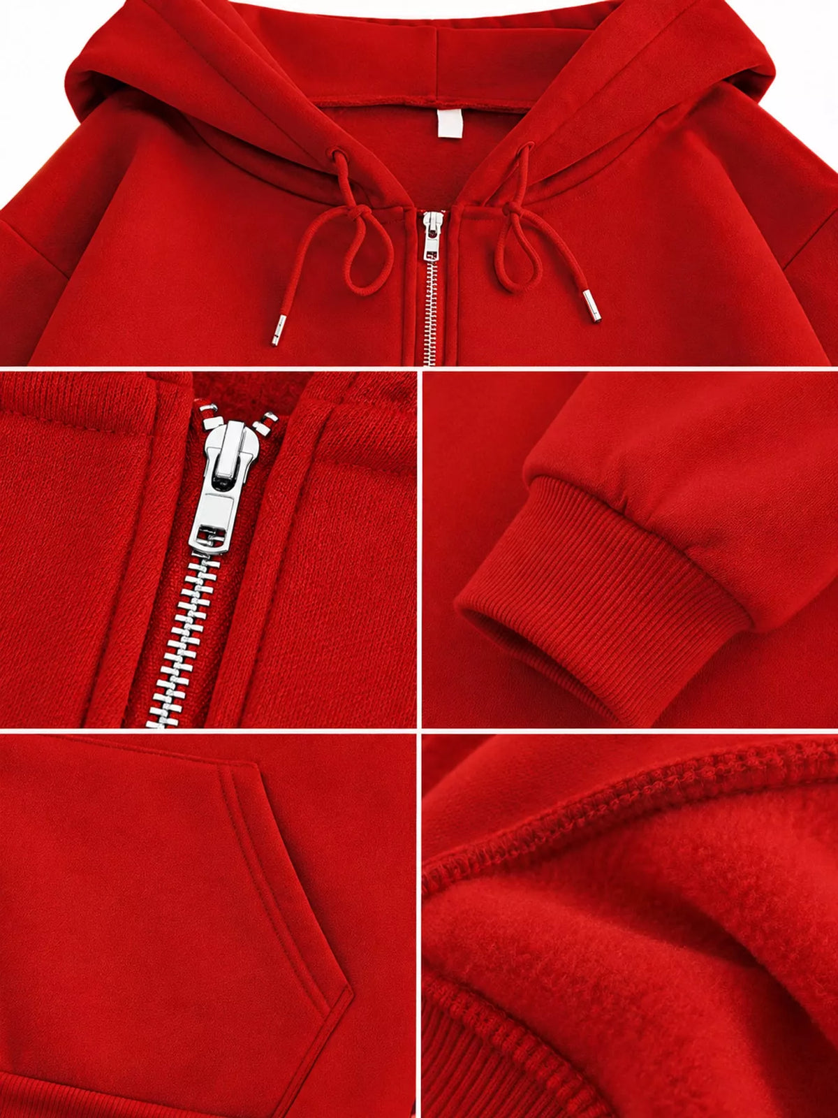Close-up collage of red hoodie zipper, cuff, pocket seam and fabric texture